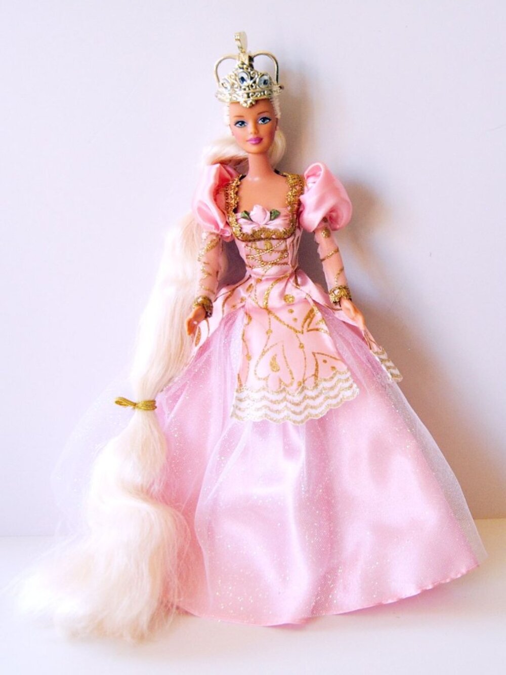 Vintage 1997 Rapunzel Barbie Doll Mattel Long Hair Pink Gown Golden Crown